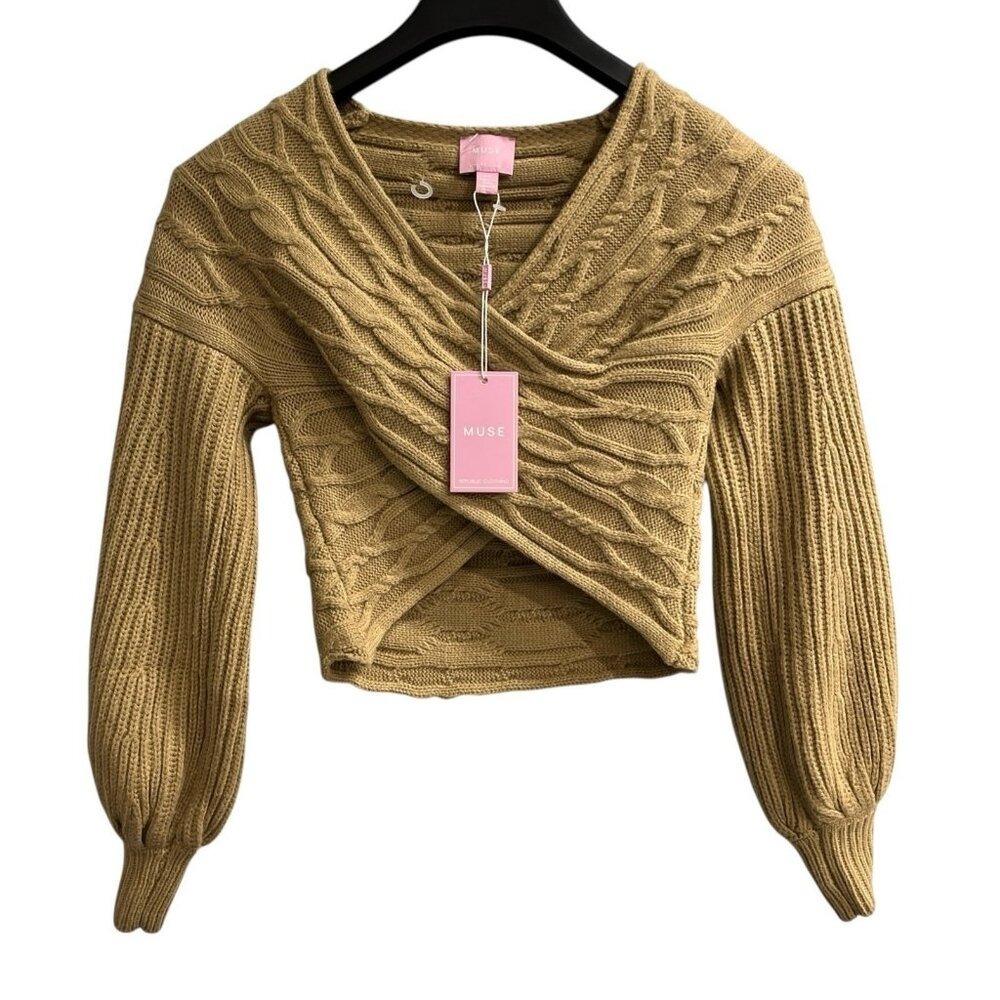 Muse Y2K Sweater Beige‎ Faux Wrap Cable Knit Cropped Size S Preppy Coquette